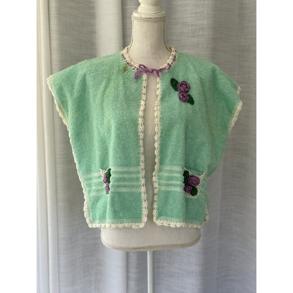 Aqua Green Terry Towel Crop Vest Bath Cover Mid- Century Crochet Violet Flowers - Picture 1 of 9